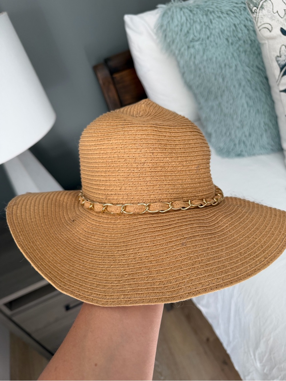 Woven Wide-Brim Sun Hat with Gold Chain Accent - Tan